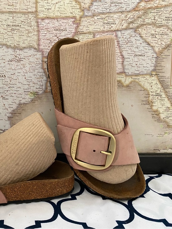 Birkenstock Shoes - Birkenstock Madrid Gold Big Buckle Women Dusty Pink Nubuck Leather Sandal 39/7